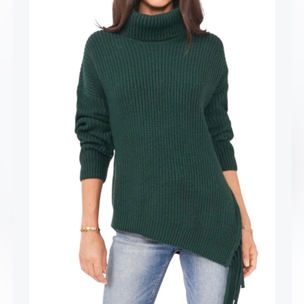 NWT VINCE CAMUTO HARMONY GREEN TURTLENECK RIBBED FRINGE SWEATER S ANTHROPOLOGIE